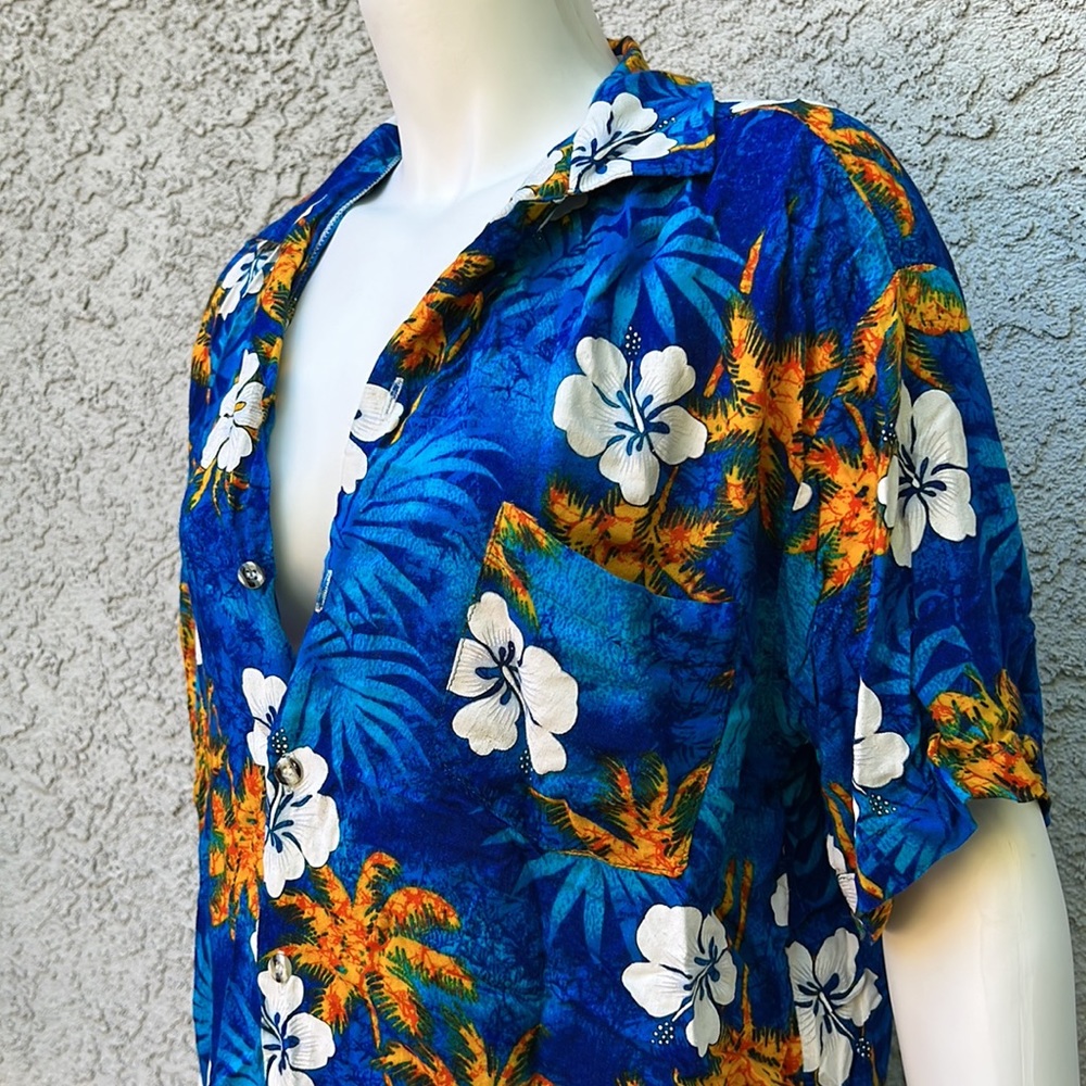 Vintage Shoreline Hawaiian Button Down Shirt Blue and Yellow Hibiscus Palm Tree